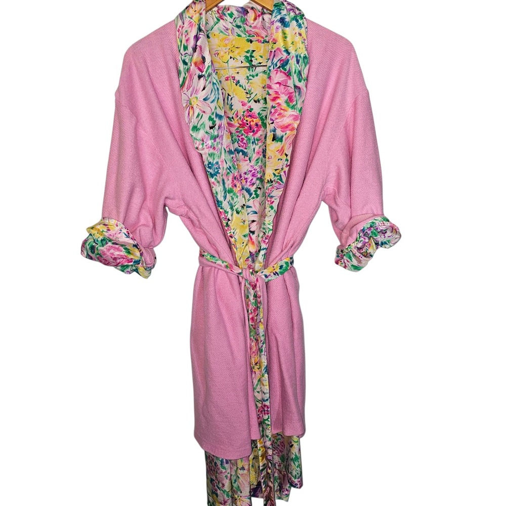 VTG Victorias Secret Gold Label Floral Terry Lined Robe Pink Yellow Green OSFA - Picture 7 of 10